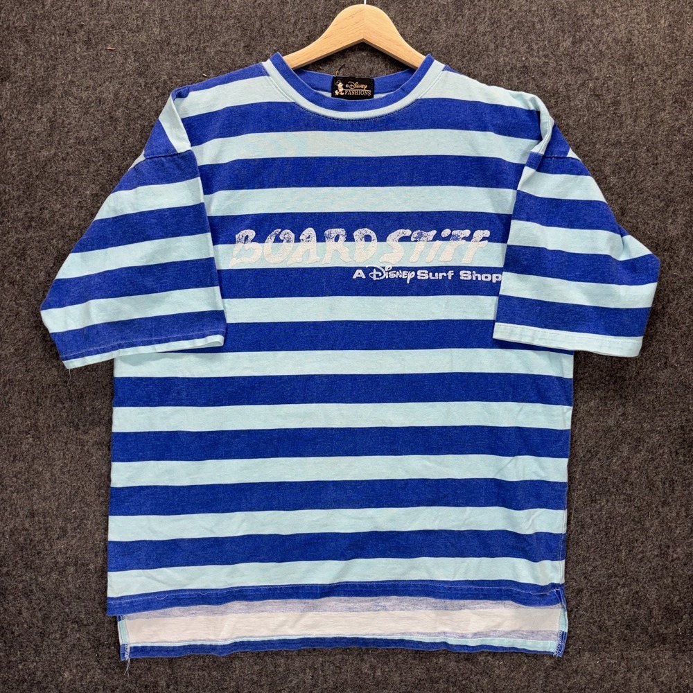 Vintage Disney Board Stiff T-Shirt Surf Shop Striped Blue Cotton 90s USA 22x28